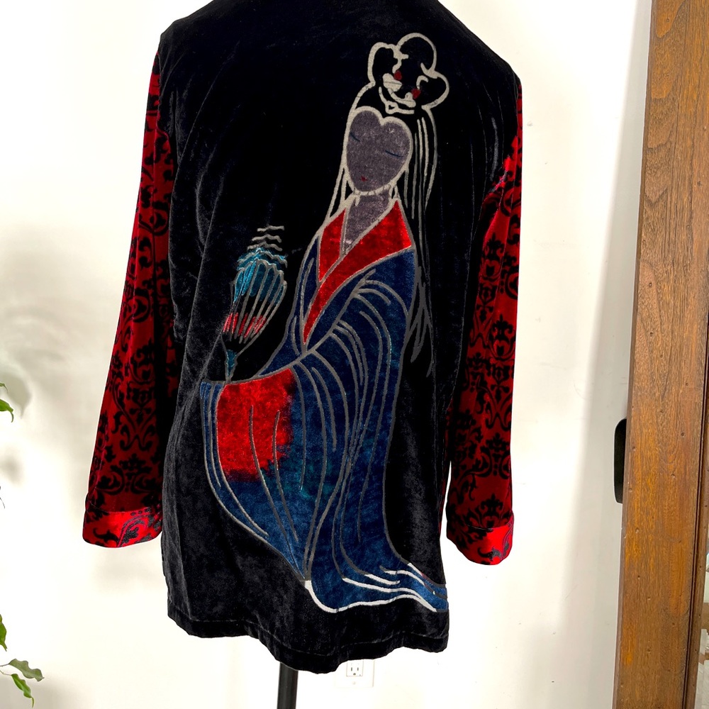 Look east velvet burnout button down top with beautiful woman on back